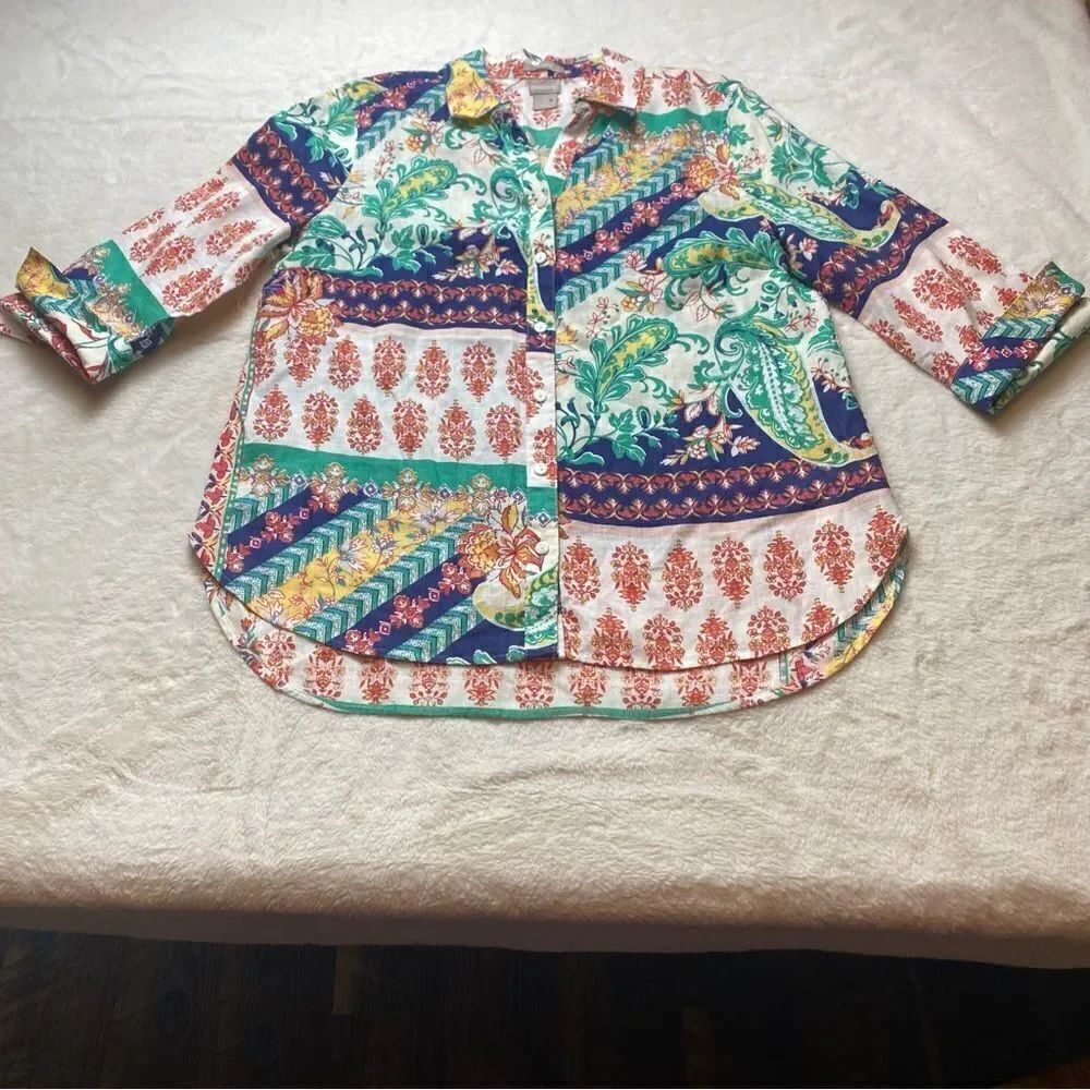 Chico's No Iron Mixed Print 100% Linen Button Down Top Size 1/Medium
